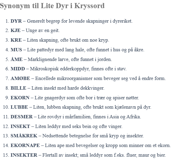 Synonym til Lite Dyr i Kryssord