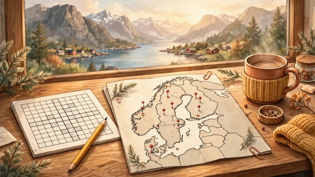 Kryssord om norske byer med kart over Norge og rutenett