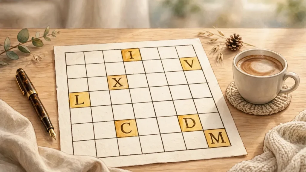 Kryssord med romertallene I, V, X, L, C, D og M markert i gull på et skrivebord