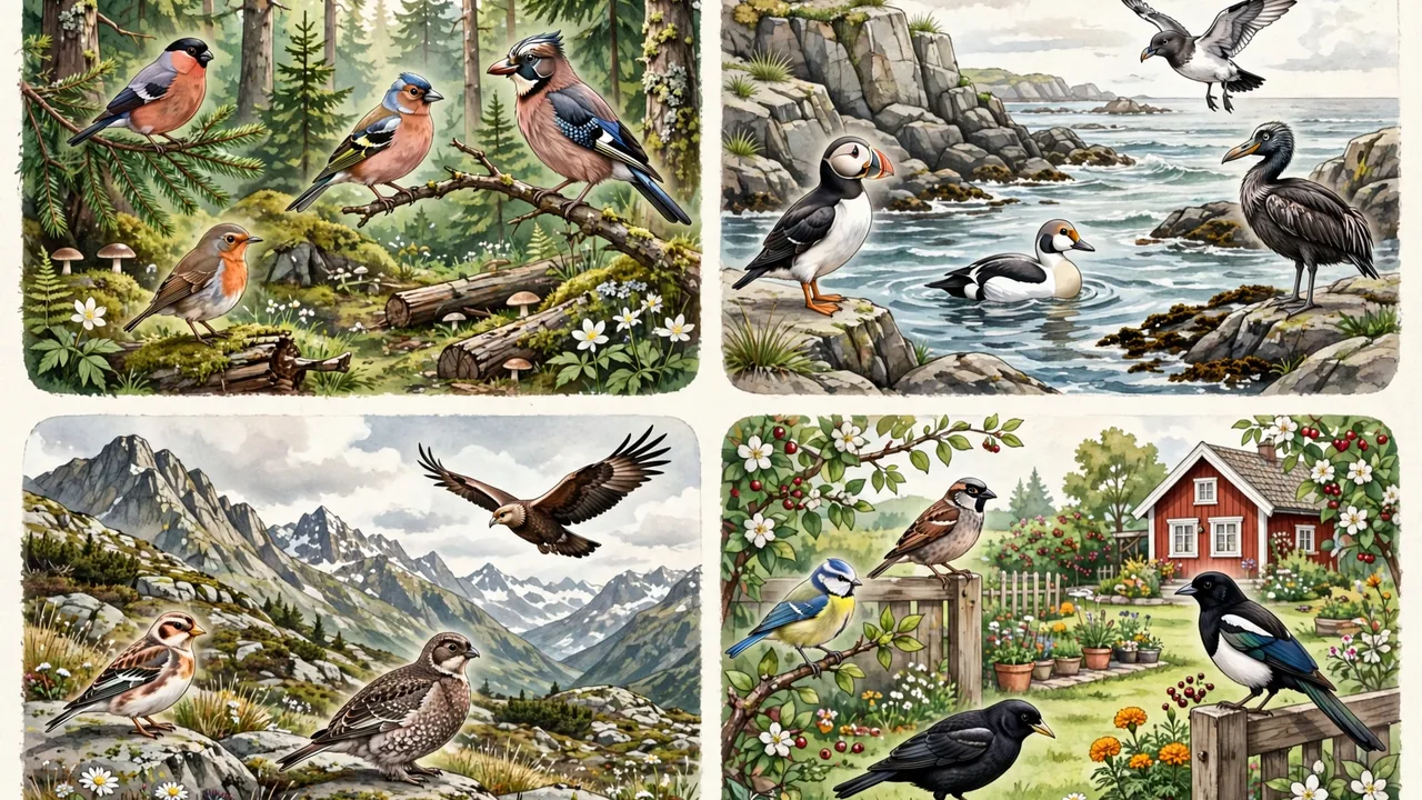 Infografikk som viser norske fugler etter habitat: skog, kyst, fjell og hage