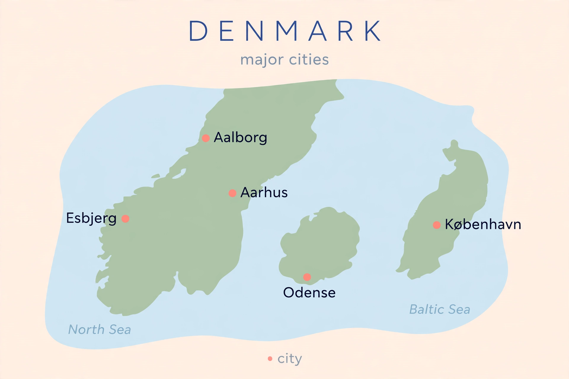 Kart over Danmark med de viktigste danske byene i kryssord markert
