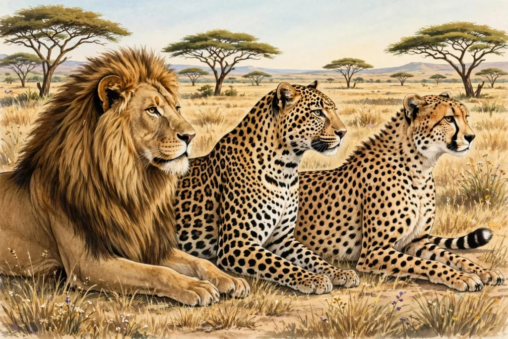 Infografikk over store katter i afrikanske kryssord: løve, leopard og gepard