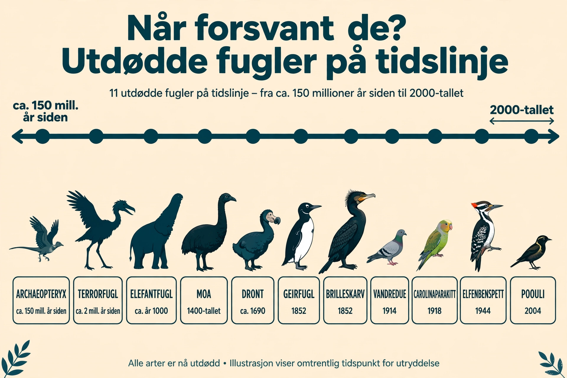 Tidslinje-infografikk: når berømte utdødde fugler som archaeopteryx, dront, stor alke og vandredue forsvant