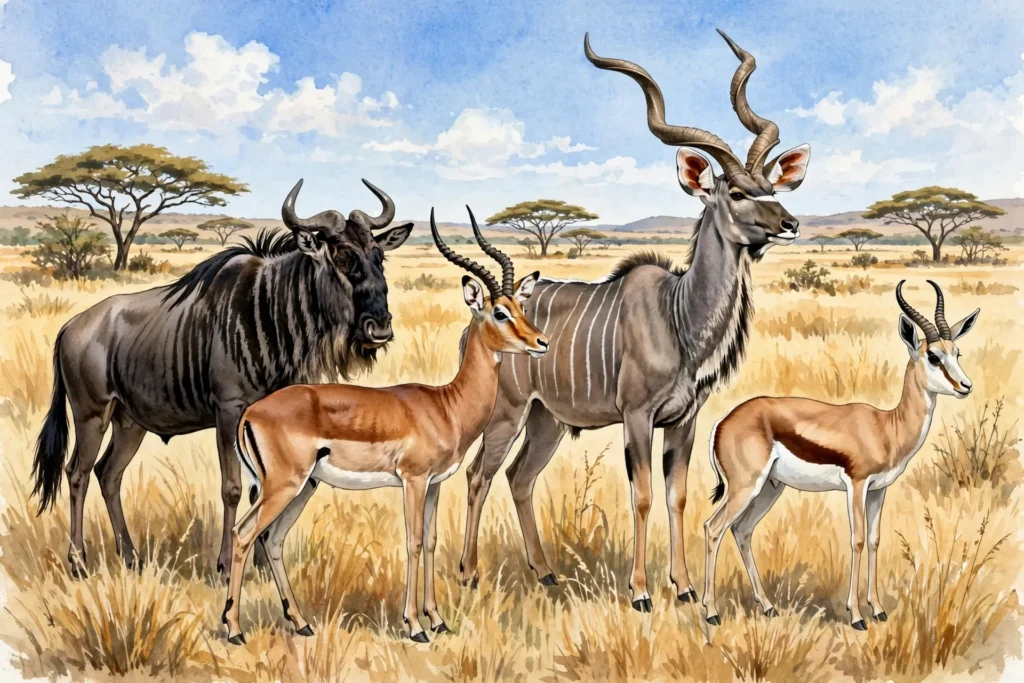 Infografikk over antiloper i afrikanske kryssord: gnu, impala, kudu og springbukk