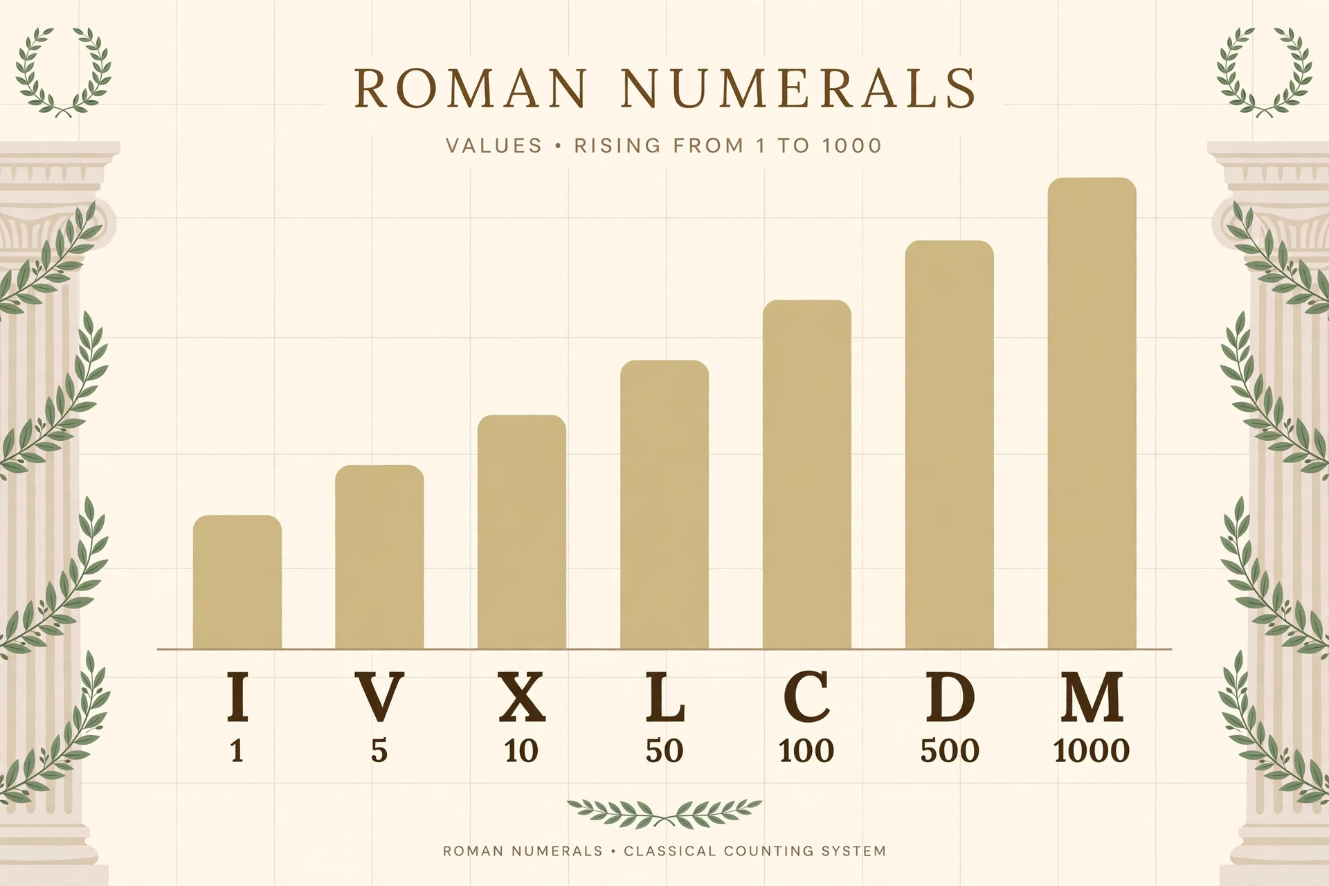 Infografikk: verditabell over romertallene I, V, X, L, C, D og M med verdiene 1 til 1000.