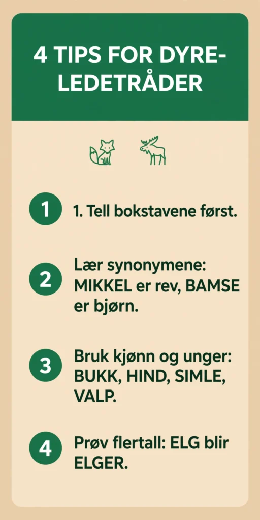 Infografikk med 4 tips for å løse dyre-ledetråder i kryssord